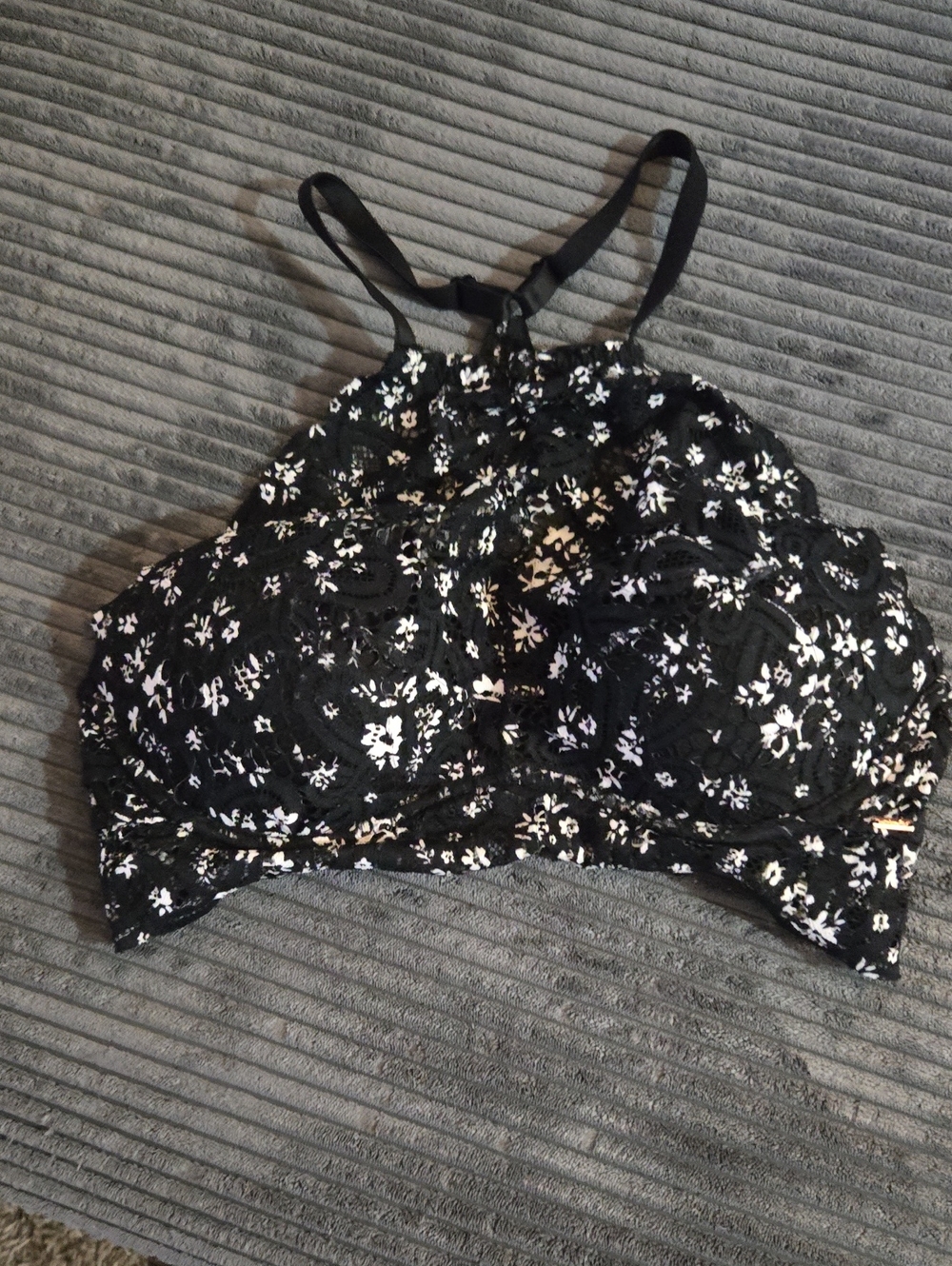 Black Lace Floral Bralette with White Floral Print